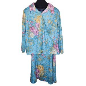 Vintage 70s Lane Bryant 2 Pce Skirt Blouse Shirt Set Womens 2XL Blue Floral Poly